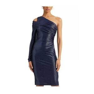 Lauren Ralph Lauren Sz‎ 10 Metallic Blue One Sleeved Ruched Midi Dress NWT